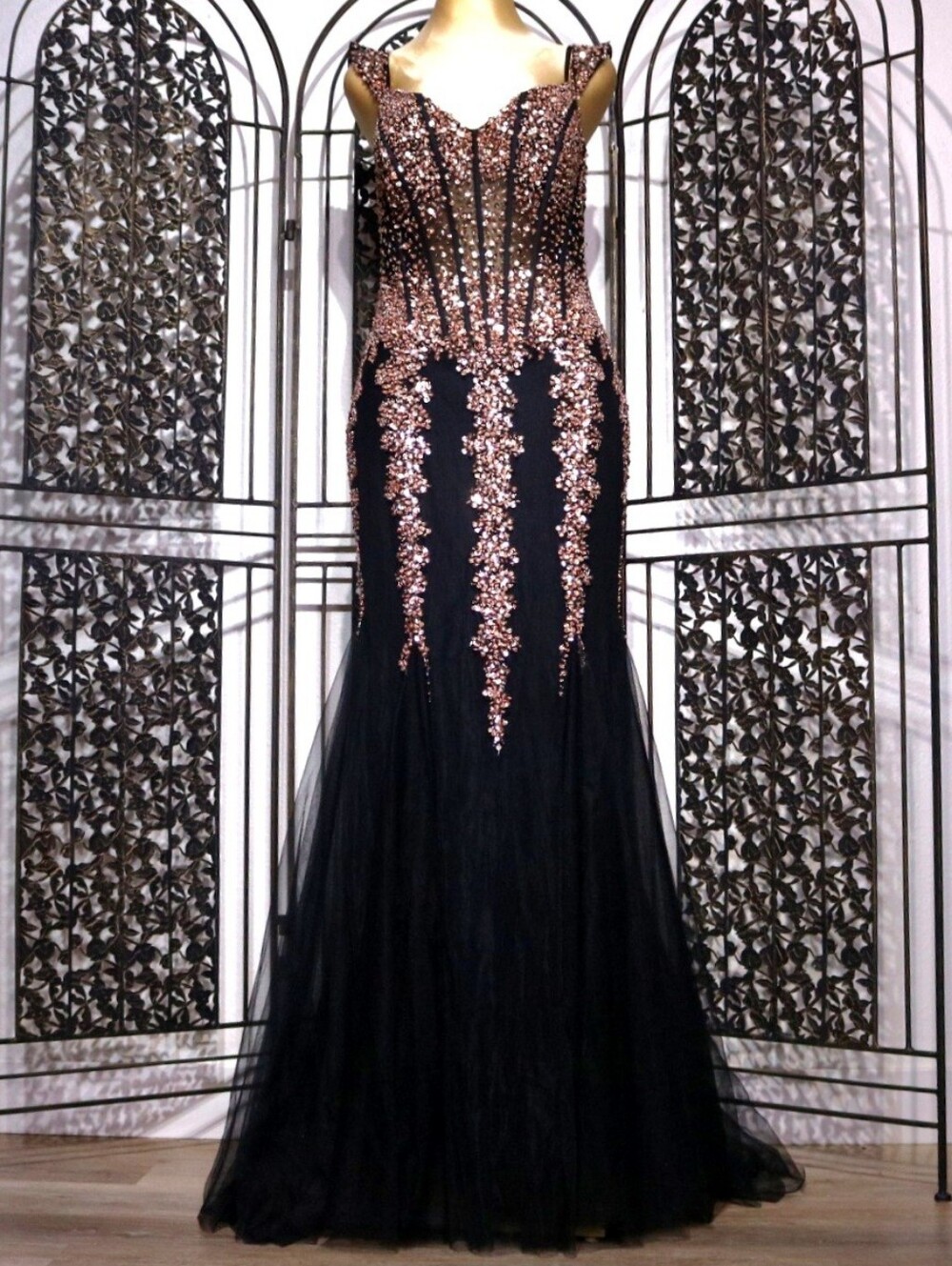 NWT Jovani 51115 Black Rose Gold Sequin Mermaid Gown Size 10